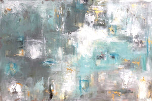 Grey Aqua Gold Illusion stretched canvas by artist Emma Bell